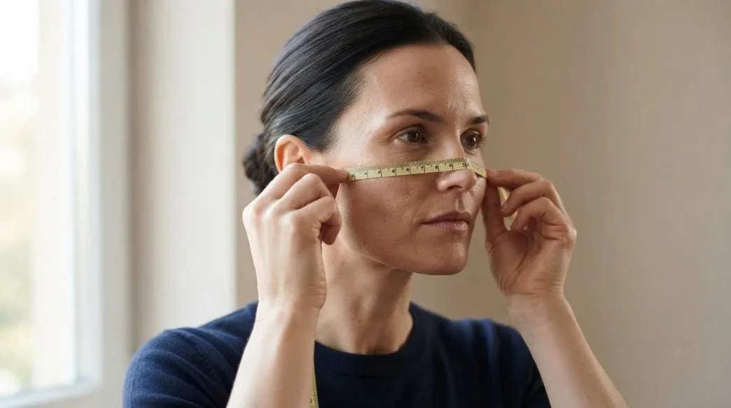 Woman with square jaw measuring cheekbone width with flexible tape measure in natural window light