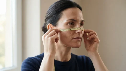 Woman with square jaw measuring cheekbone width with flexible tape measure in natural window light