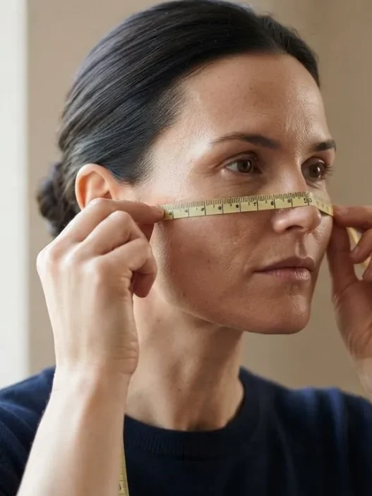 Woman with square jaw measuring cheekbone width with flexible tape measure in natural window light