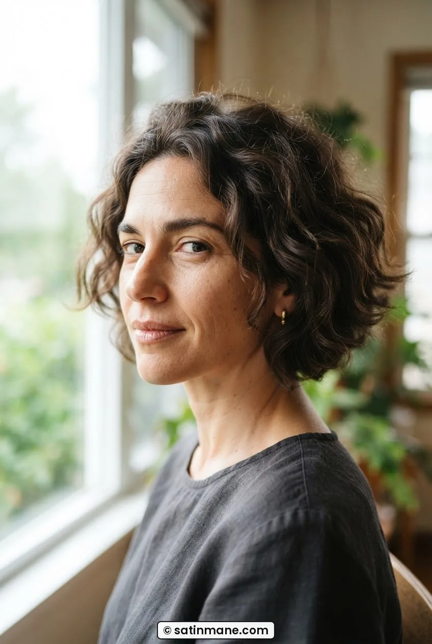 Woman with frizzy wavy hair in a stacked bob showing graduated layers from three-quarter angle