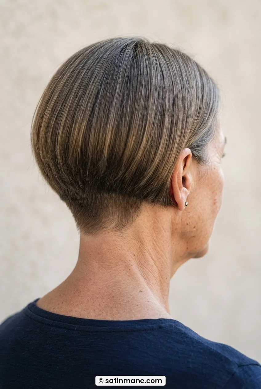 Woman with fine straight hair showing stacked graduation bob from behind, revealing rounded nape silhouette