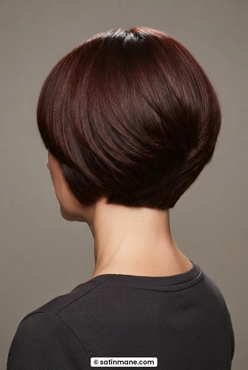 Rear three-quarter view of a woman with a stacked bob showing rounded graduated layers at the nape in auburn hair