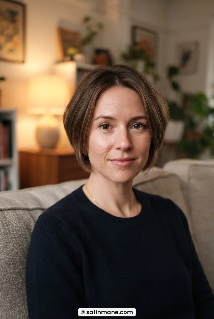 Woman with ear-length stacked nape bob showing rounded graduation at the back and lobe-length front pieces