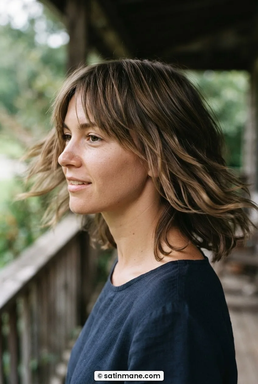 Woman with polished straight shag air-dried showing smooth layers with slight wave at ends mid-turn