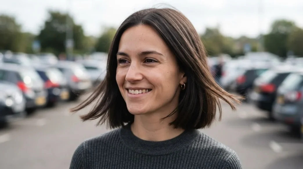 Woman with strong-perimeter bob in open car park with wind lifting the ends at jaw level