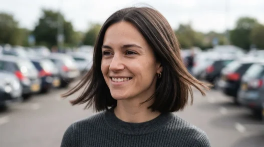 Woman with strong-perimeter bob in open car park with wind lifting the ends at jaw level