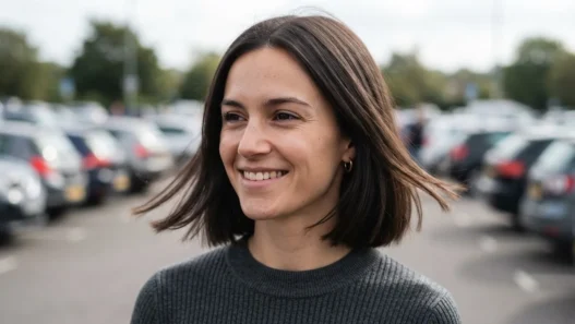Woman with strong-perimeter bob in open car park with wind lifting the ends at jaw level