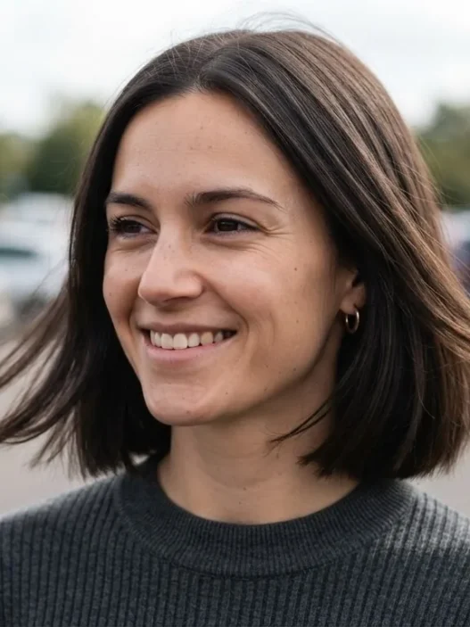 Woman with strong-perimeter bob in open car park with wind lifting the ends at jaw level