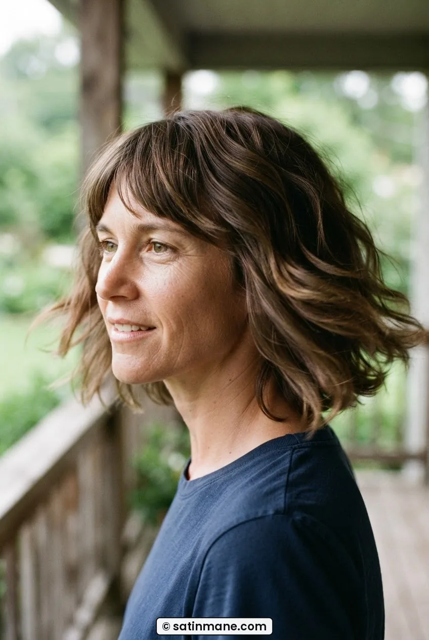 Woman with understated shoulder-length shag showing hidden internal layers and gentle movement in open shade