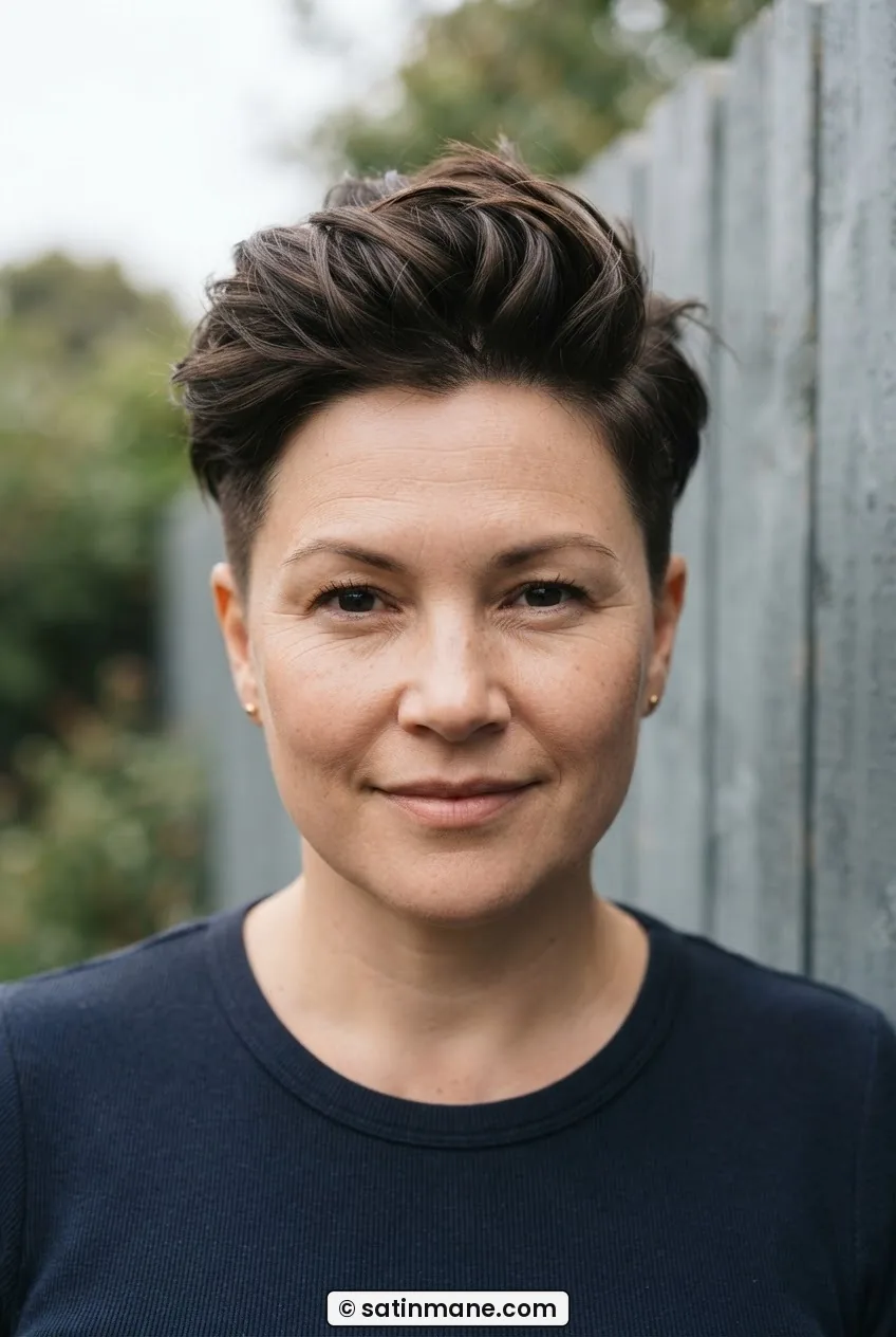 Woman with rounder face and textured pixie cut with close-cropped sides and lifted crown volume beside painted fence
