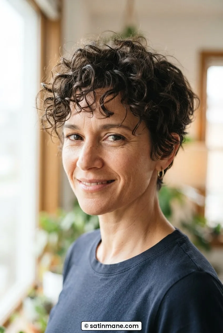 Woman with short frizzy textured hair in a soft tapered pixie cut with close-clipped sides