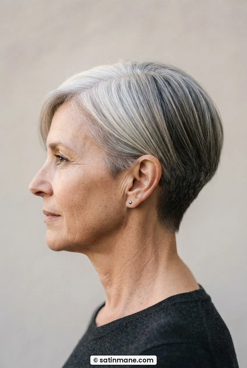 Woman with fine straight hair in a tapered pixie cut with close sides and side-swept longer top