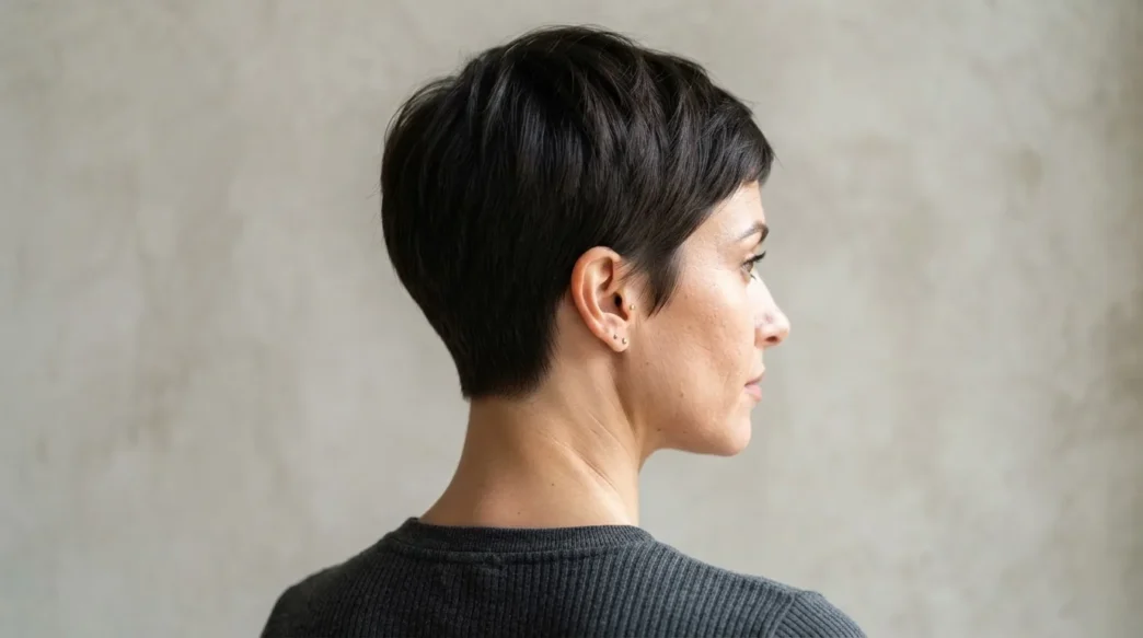 Back and side view of woman with tapered pixie cut showing clean nape taper under hard side light