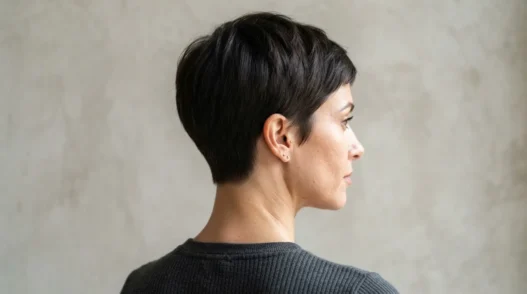 Back and side view of woman with tapered pixie cut showing clean nape taper under hard side light