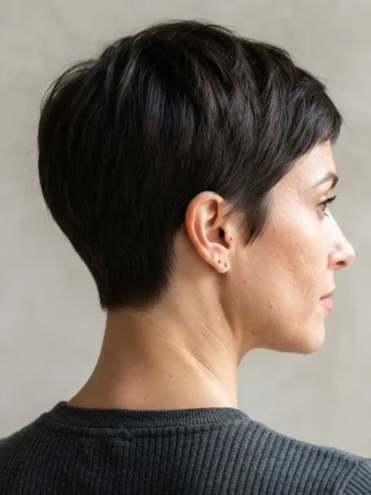 Back and side view of woman with tapered pixie cut showing clean nape taper under hard side light