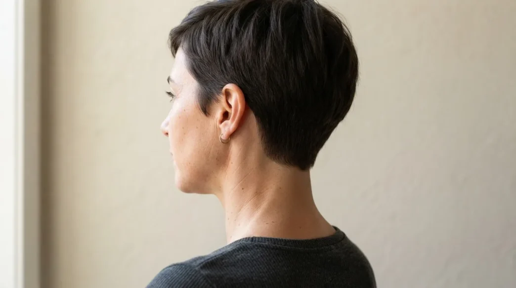 Back and side view of woman with tapered pixie showing clean nape taper and defined perimeter against pale backdrop