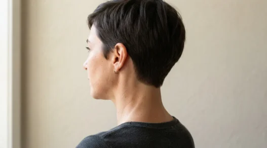 Back and side view of woman with tapered pixie showing clean nape taper and defined perimeter against pale backdrop