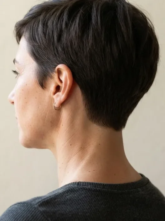 Back and side view of woman with tapered pixie showing clean nape taper and defined perimeter against pale backdrop