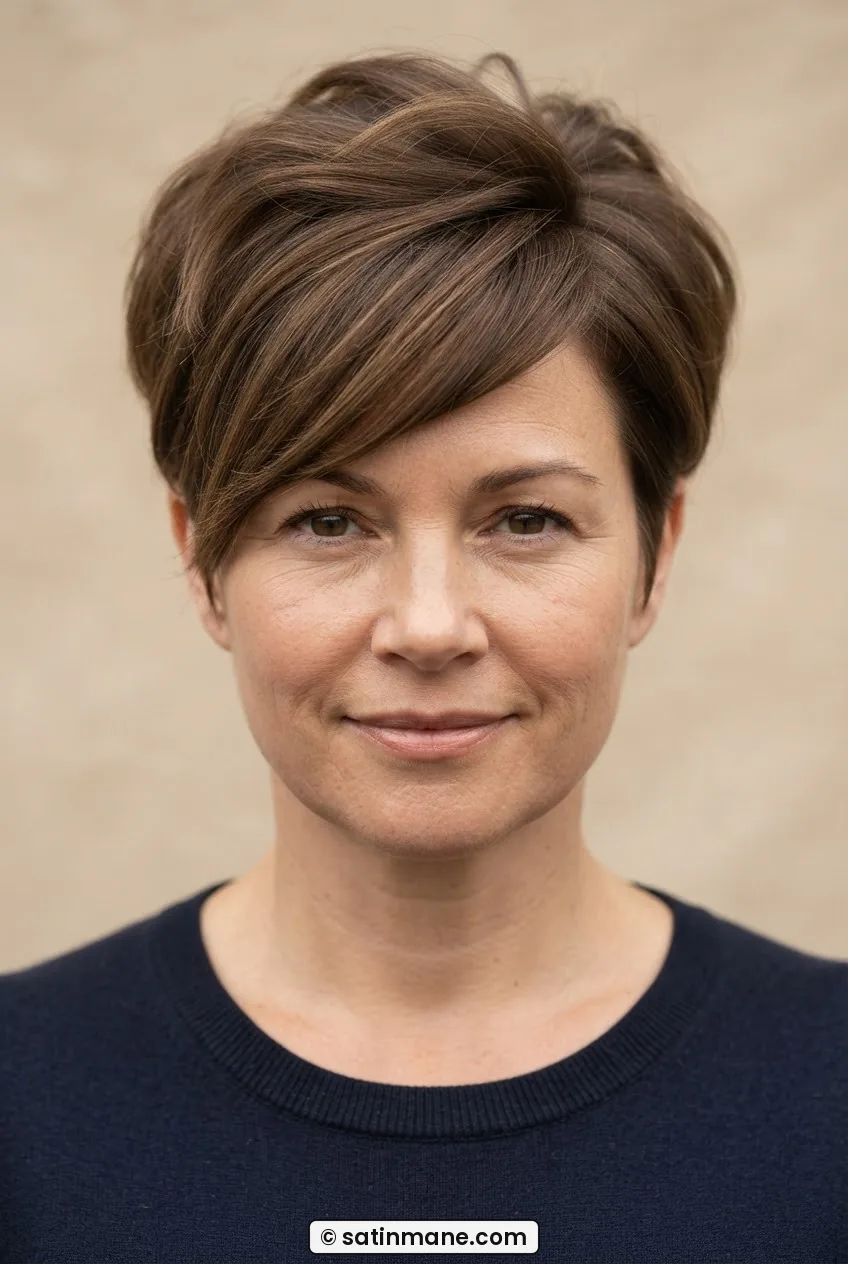 Woman with a round face in a tapered pixie cut with a longer side-swept fringe and lifted crown volume