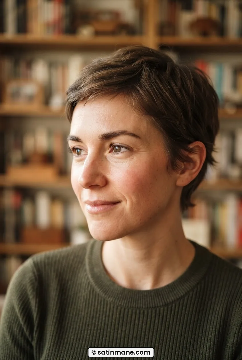 Woman with a tapered pixie at six weeks, slight nape softness beginning to show, sharp editorial crop in warm daylight