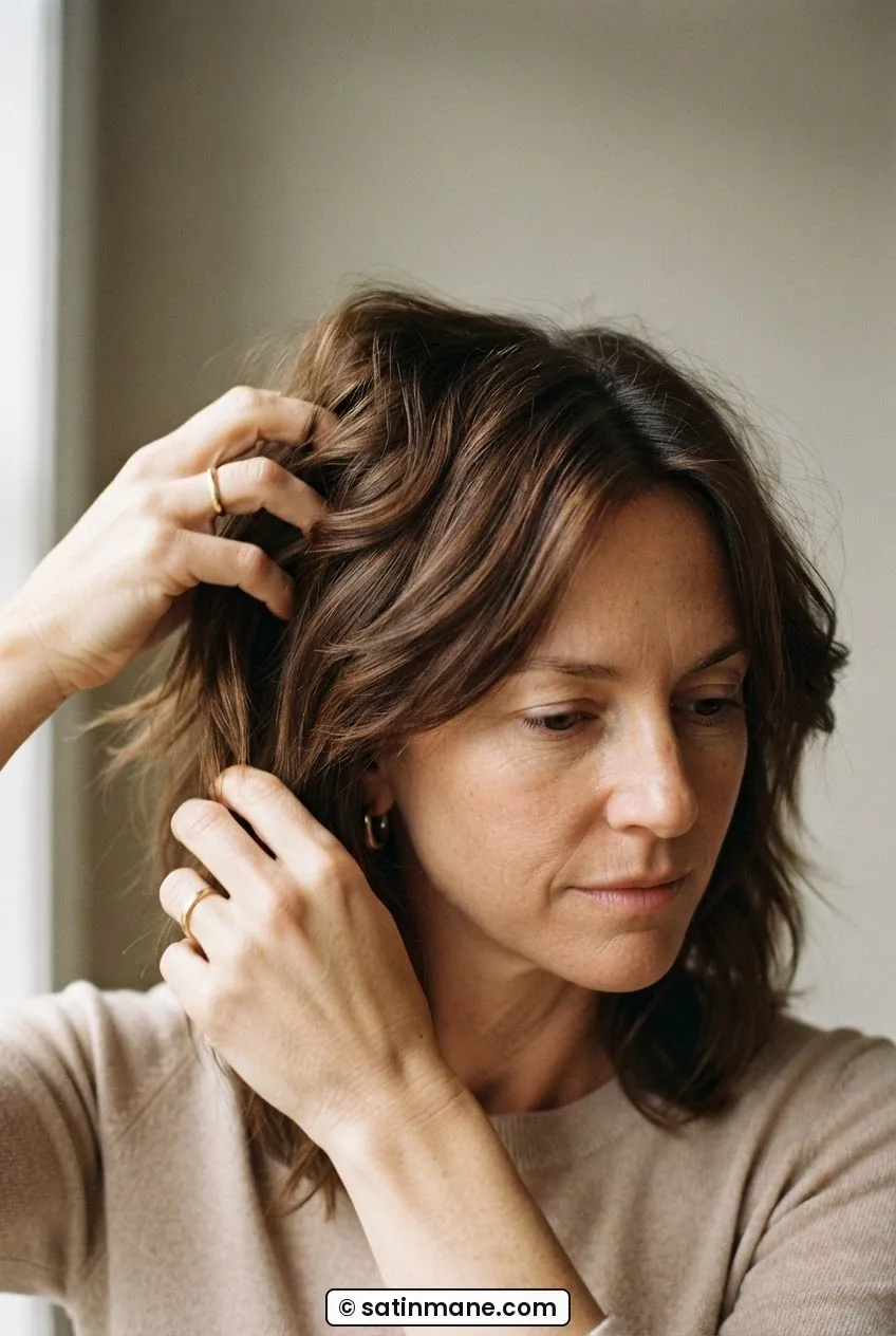Woman with chestnut layered hair using fingers to scrunch texture into mid-lengths so interior layers blend into the overall shape