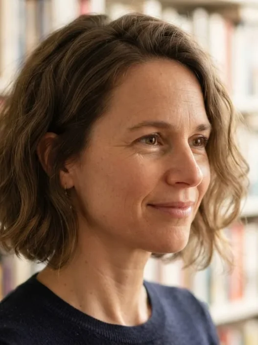 Woman with a textured bob seven weeks grown out, sitting beside a bookshelf in warm afternoon light, hair filling most of the frame