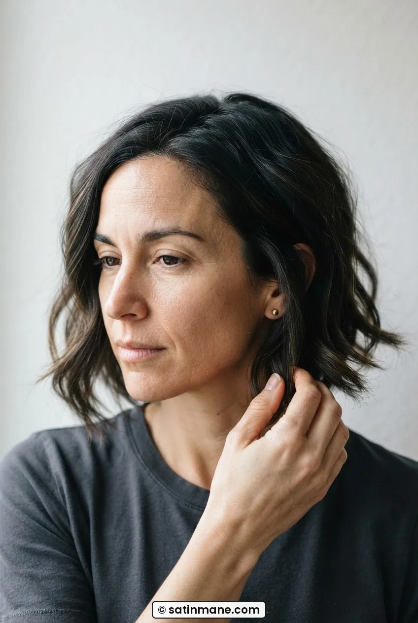 Woman with jaw-length textured bob showing point-cut ends curling softly inward, air-dried