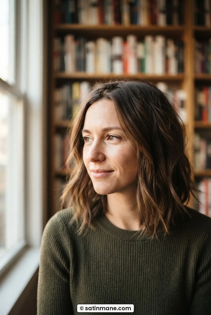 Woman with a point-cut textured bob at month three, face-framing ends still holding shape in warm side light beside a bookshelf