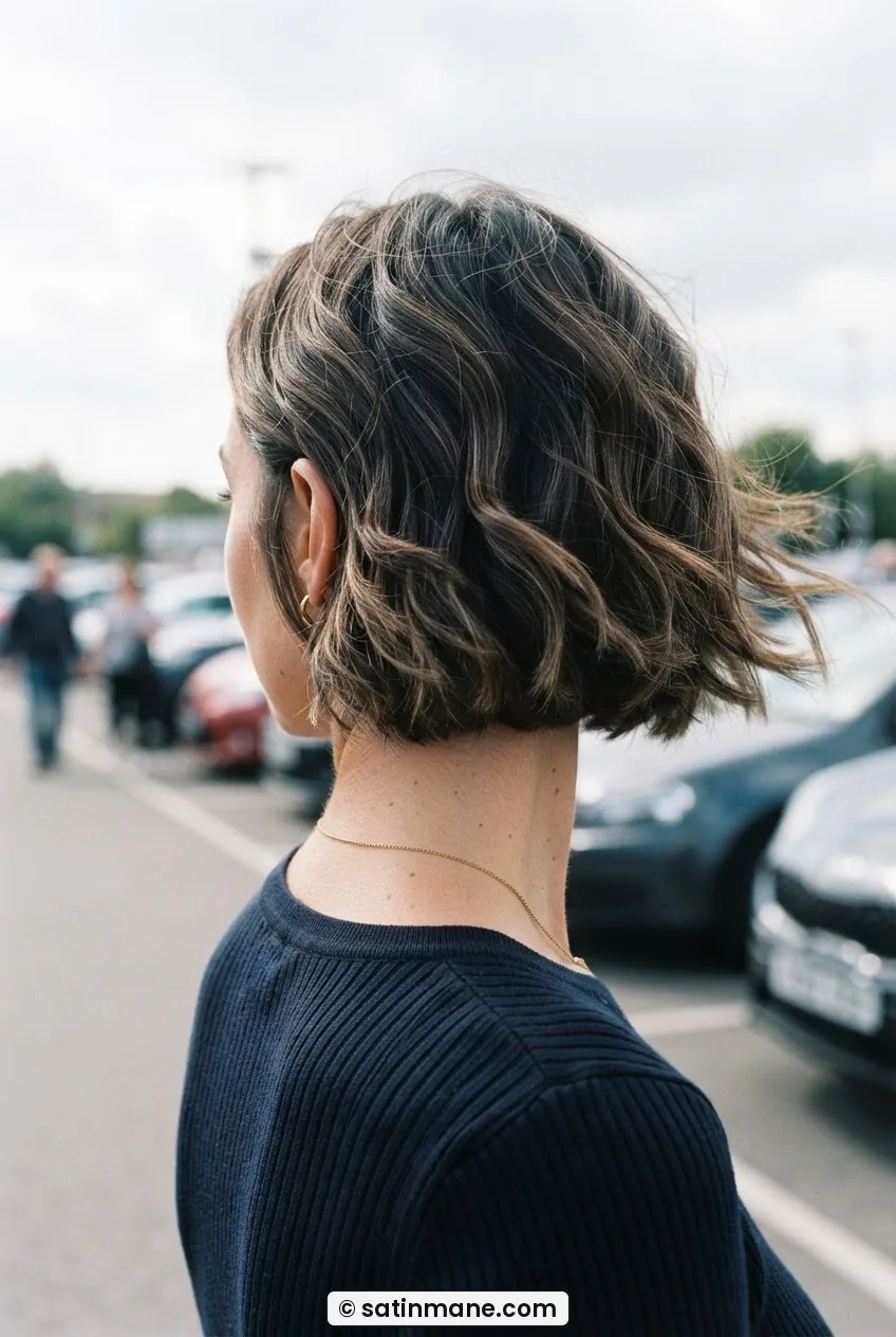 Back three-quarter view of woman with textured chin-length bob in car park showing perimeter weight and movement