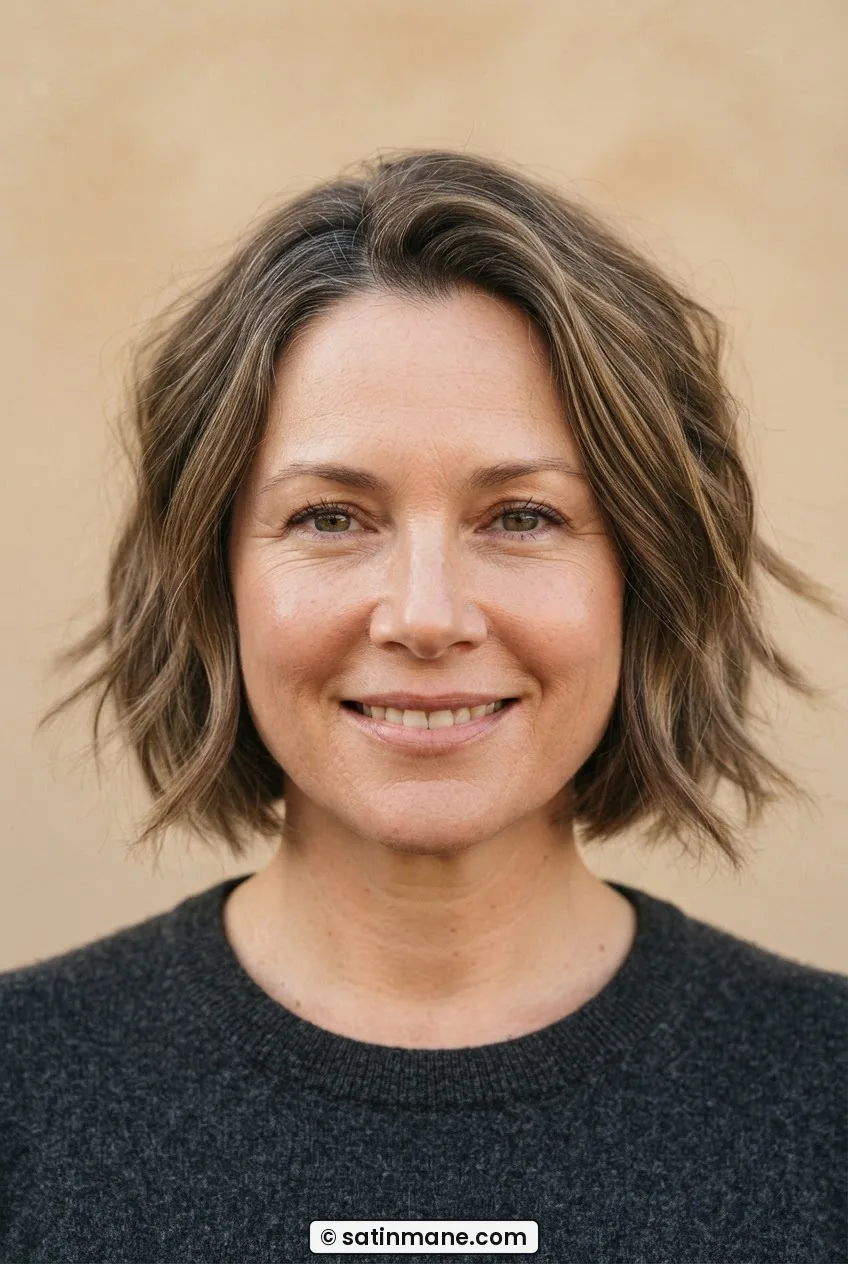 Woman with a round face wearing a textured jaw-length bob with piece-y layered ends below the cheekbone