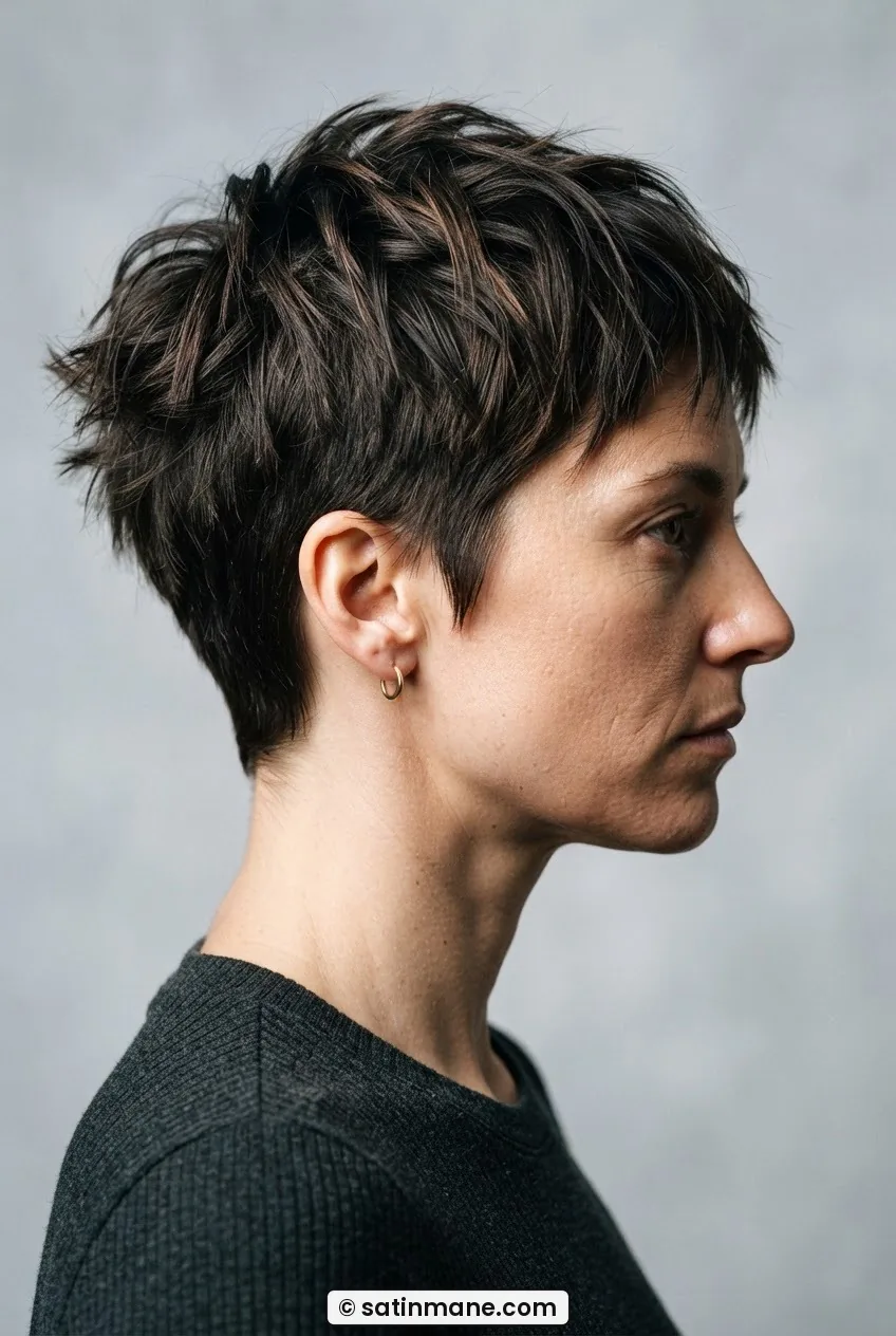 Side view of woman with textured choppy pixie, razor-cut separated ends at crown, clean clippered sides