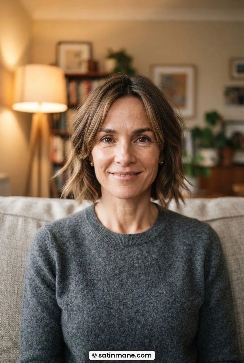 Woman with textured feathered chin-length bob showing visible wave and razor-cut frayed ends
