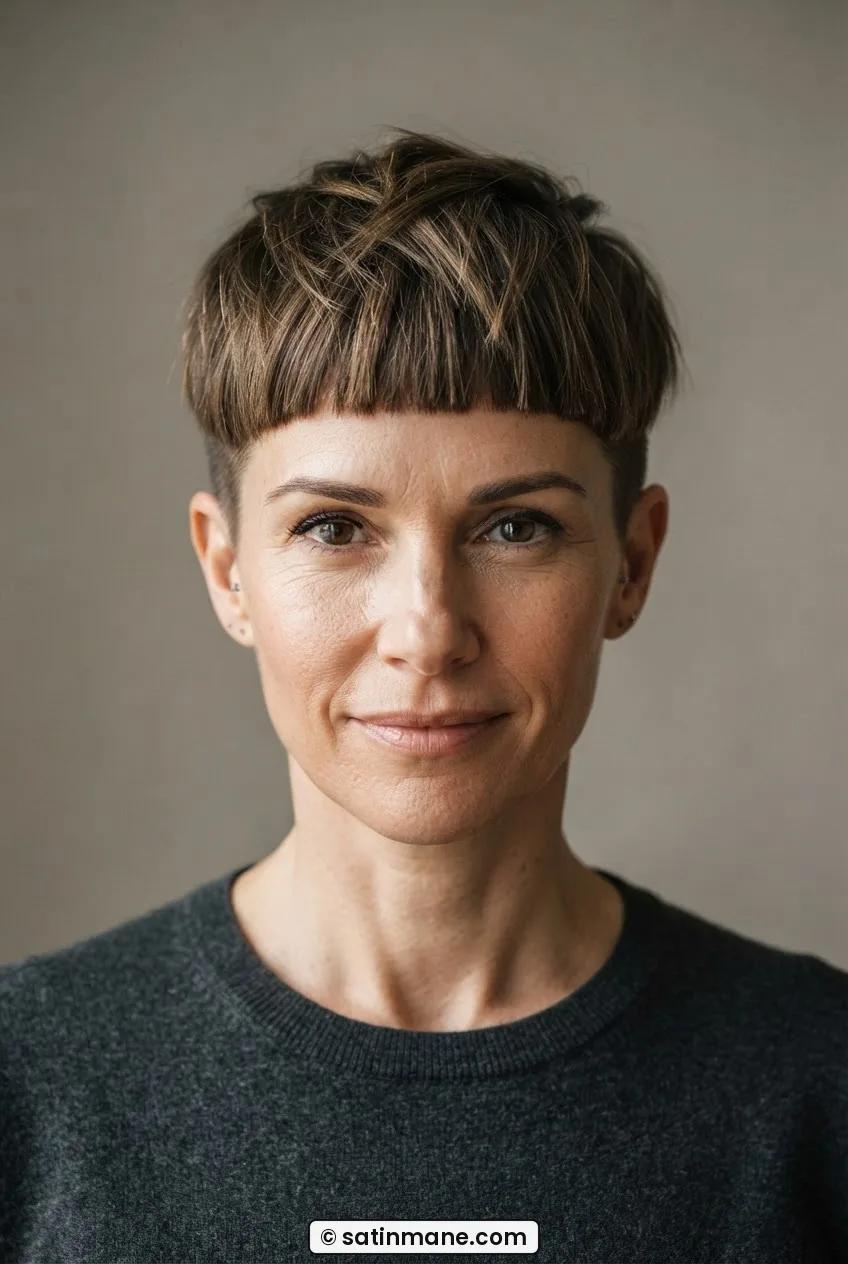 Woman with textured French crop grown from a pixie showing blunt fringe and disconnected close-tapered sides
