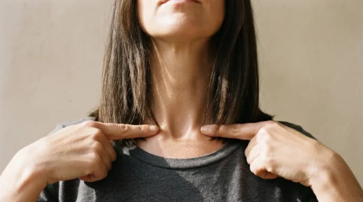 Woman pressing fingertips to collarbone to mark textured lob length reference point, hair hanging smooth