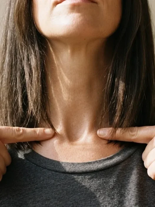 Woman pressing fingertips to collarbone to mark textured lob length reference point, hair hanging smooth