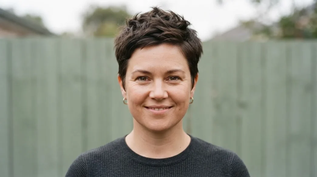 Woman with rounder face wearing textured pixie with volume at crown, photographed outdoors in soft overcast light