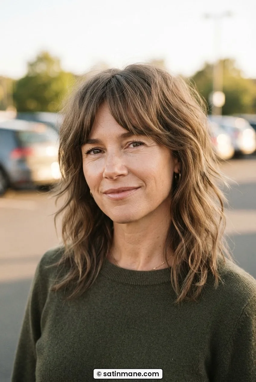 Woman with soft textured shag and curtain bangs at medium length photographed in car park afternoon light