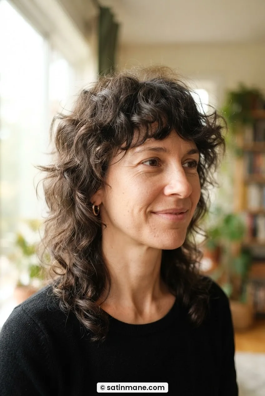 Woman with frizzy shoulder-length hair in a textured shag cut with chunky visible layers