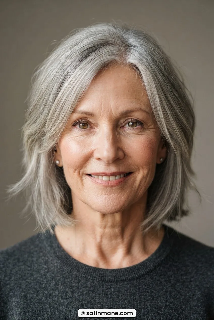 62-year-old woman with textured silver lob between chin and collarbone, face-framing angled pieces catching soft even daylight