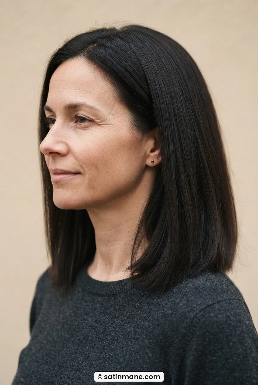 Woman with thick straight dark hair at collarbone length showing hair weight and density from side angle