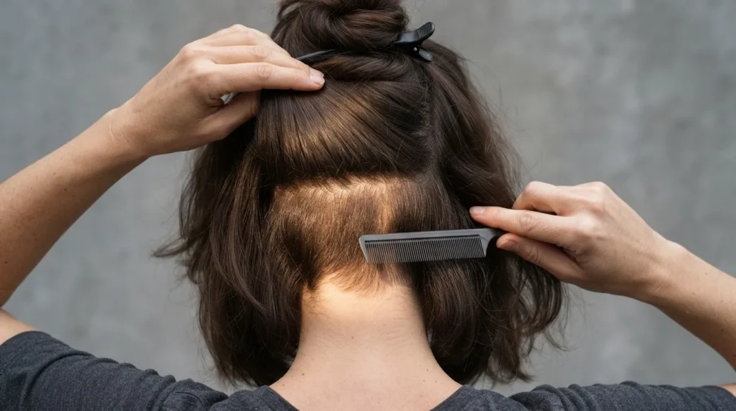 Woman parting thick shoulder-length hair with a tail comb to reveal four dense interior bulk zones in directional lighting