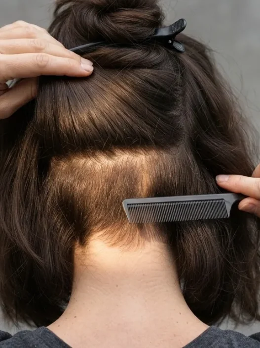 Woman parting thick shoulder-length hair with a tail comb to reveal four dense interior bulk zones in directional lighting