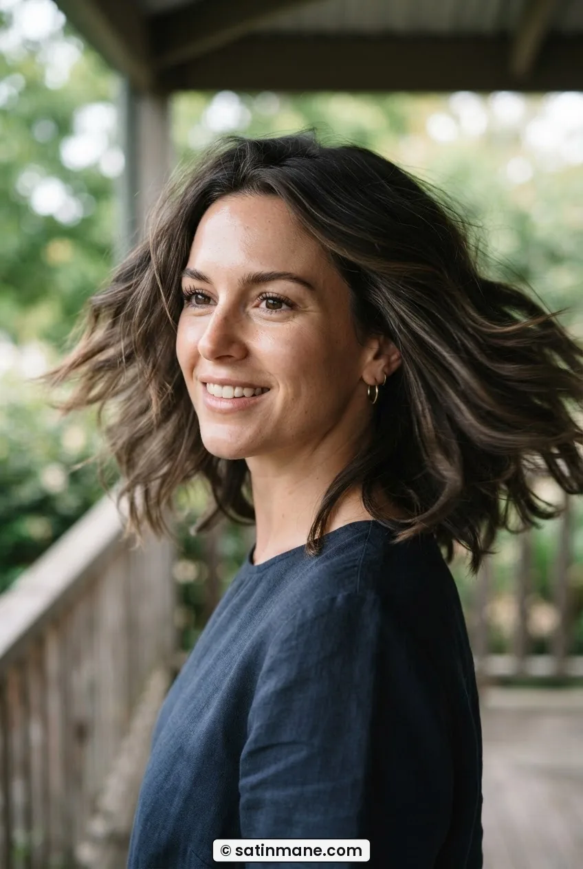 Woman with thick shoulder-length hair in dense internal layer shag with choppy perimeter showing volume