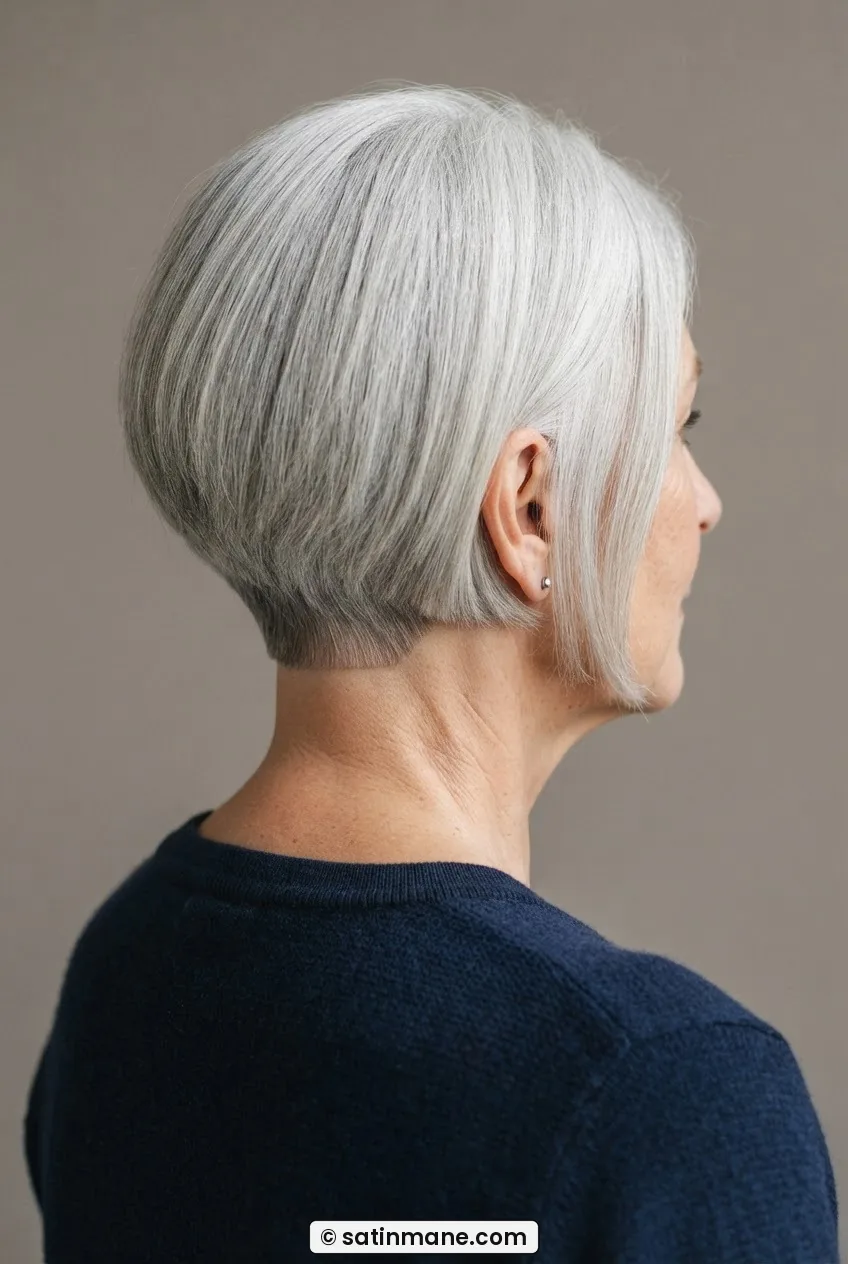 62-year-old woman with thick silver hair in neck-length graduated bob, flat graduated nape visible from three-quarter rear angle