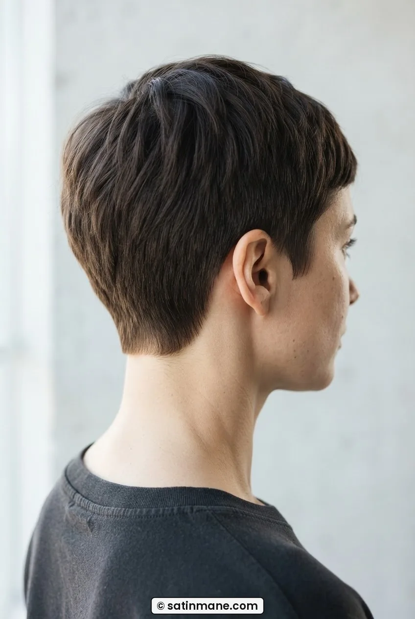 Back and side view of woman with thick-hair pixie cut, flat crown, tapered nape, close sides
