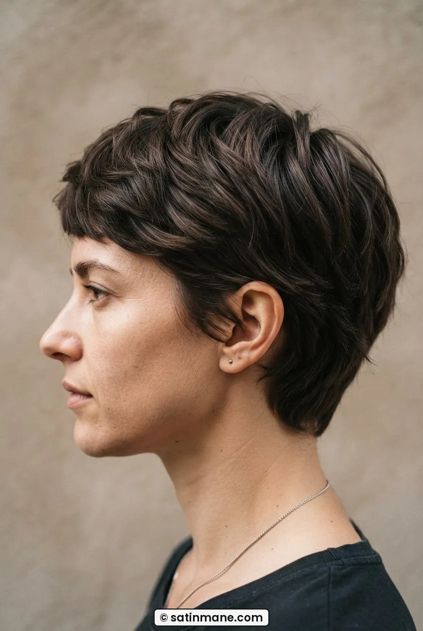 Woman with thick short hair cut above the ear showing internal layering volume in side profile
