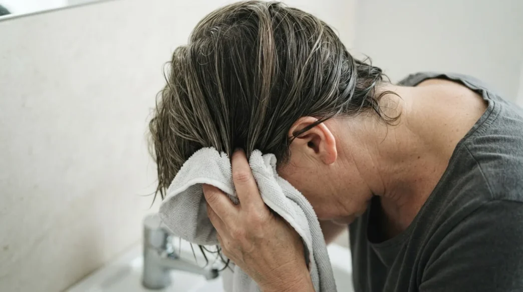 52-year-old woman squeezing microfibre towel upward into damp mid-length layered hair over bathroom sink