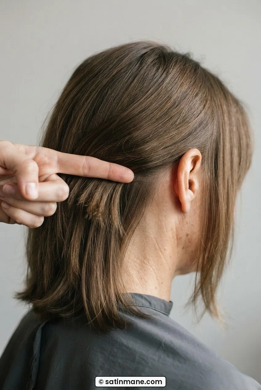 Two fingers checking the gap between a short interior layer and the surrounding length on medium hair, the two sections now nearly meeting