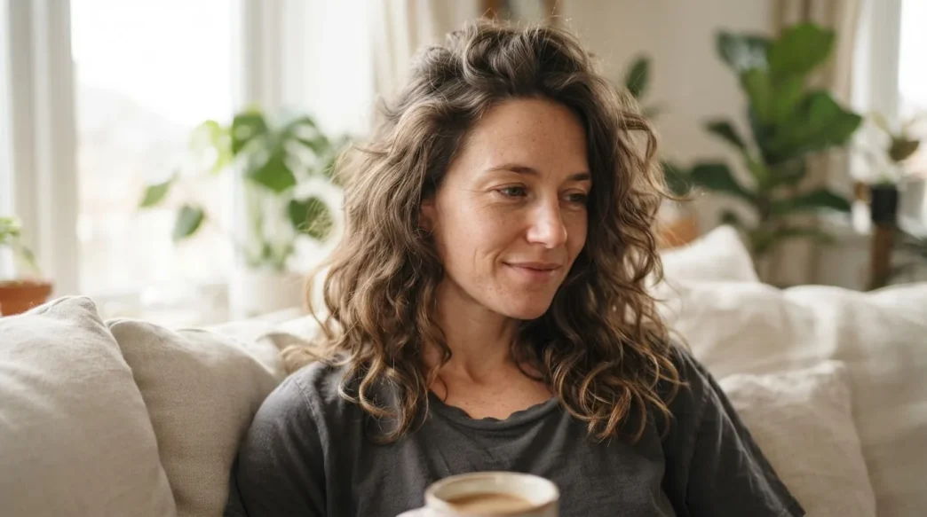 Woman with genuinely unbrushed loose waves sitting on a sofa in soft morning window light