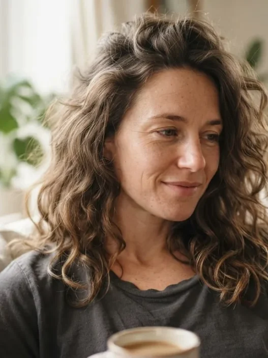 Woman with genuinely unbrushed loose waves sitting on a sofa in soft morning window light